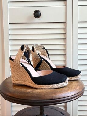 J. Crew Black Lace Up Espadrille Wedges
